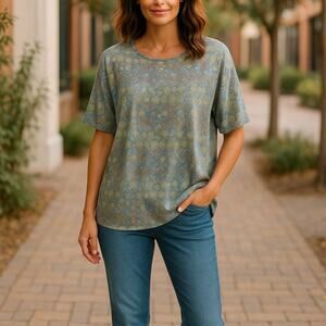 LuLaRoe Womens Top Sz Large Blue Yellow Orange Tribal Knit Tunic Hi Low Irma NEW